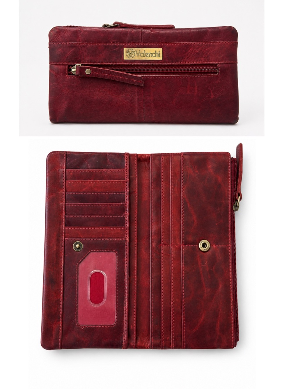 VALENCHI RFID Soft Red Distressed Leather Wallet Card Slot Rugged Rustic Western